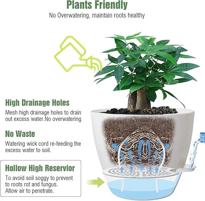 12inch Self Watering Pots, Plastic Planters with Mesh Drainage Holes and Deep Reservoir for Indoor Outdoor Garden Plants and Flowers, White by GreenHaven Gardens