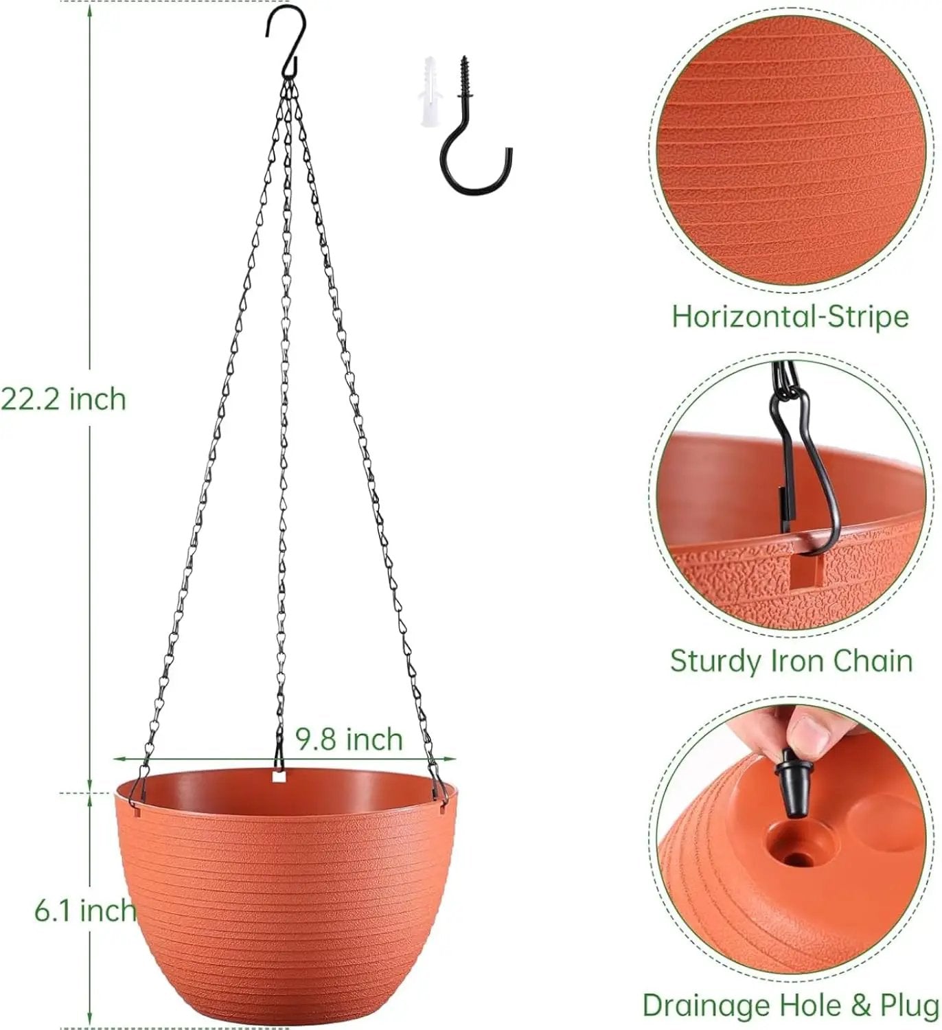 Hanging Planters for Indoor Outdoor Plants, Set of 2 Self Watering Hanging Pots with Drainage Hole & Plug and 20" Chain & Hooks by GreenHaven Gardens
