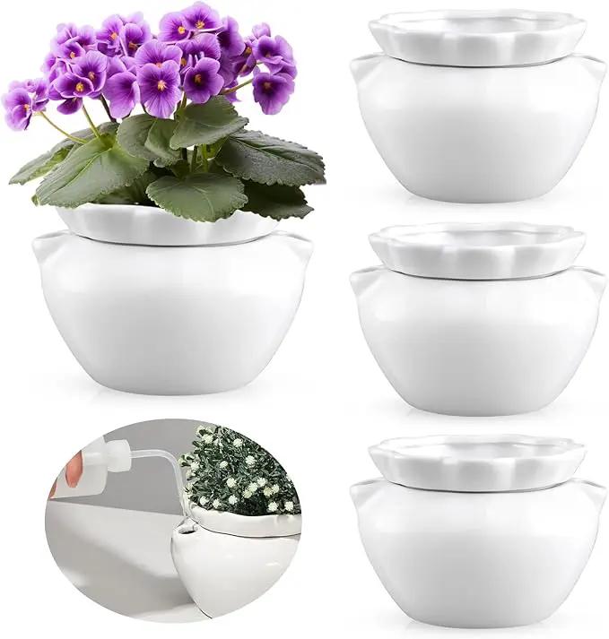 4 Set 6 Inches African Violet Pots Self Watering White Ceramic Pot for Indoor Plants, Flowerpot with Highly Absorbent Inner Pot for Busy Plant Lovers,Plant Care by GreenHaven Gardens