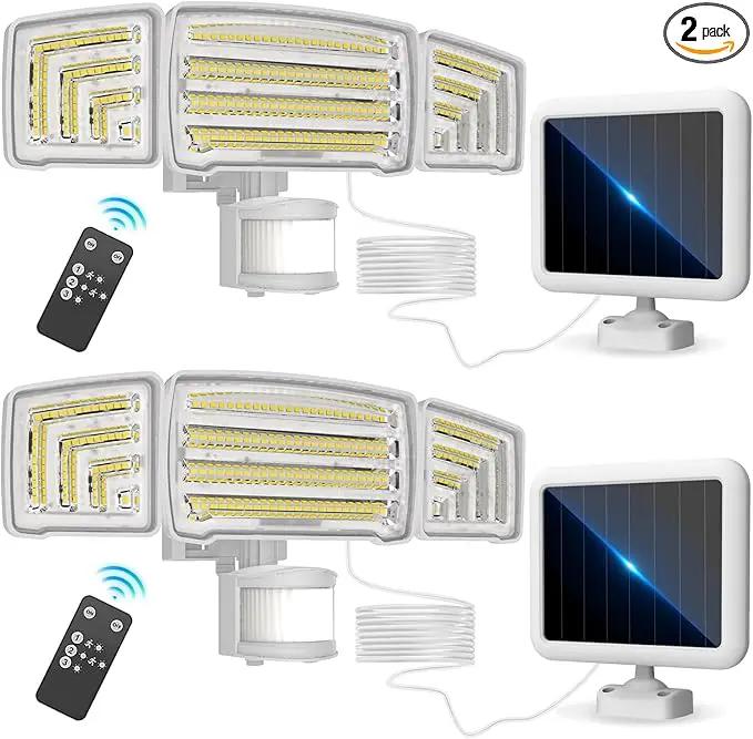 Energetic Solar Outdoor Lights, 1800LM 150 LED Security Motion Sensor Outdoor Lights with Remote Control, IP65 Waterproof Floodlight, 3 Head Motion Detected Spotlight for Garage, Pack of 2 (White) by GreenHaven Gardens