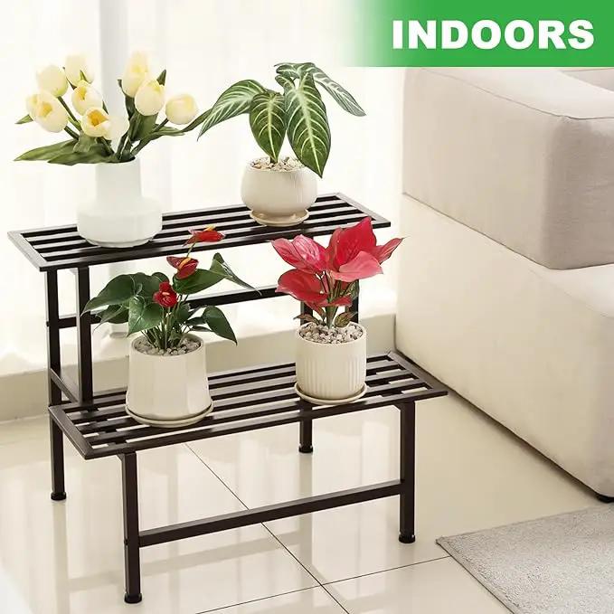 Metal Plant Stand Outdoor Plant Shelf Indoor,2 Tier Heavy Duty Ladder Plant Stands for Multiple Plants,26" L x 20.25" H x 17.75" W,Coffee by GreenHaven Gardens
