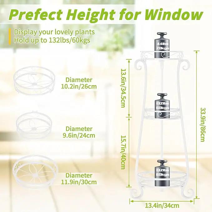 KMOTASUO 3 Tier Metal Plant Stand Indoor, 34 Inch Tall Corner Plant Stands for Indoor Plants, Flower Pot Holder Shelf Display Rack for Balcony Garden Patio Living Room(White)