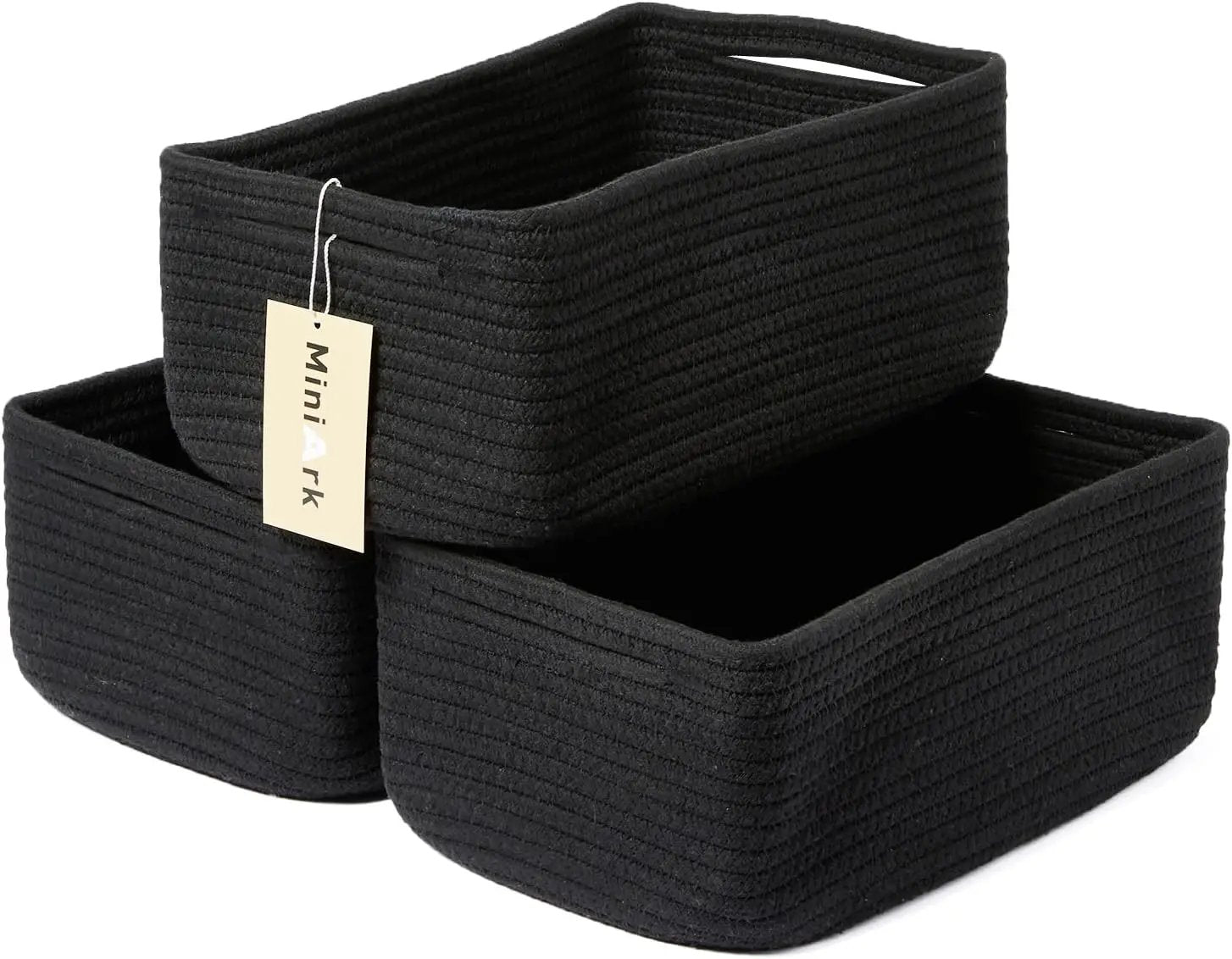 Small Storage Baskets for Organizing | Closet Organizer Bins | Shelf Toy Basket | Woven Rope Baskets | Cube Decorative Box | Shallow Basket | 13x8.5x5.1” | 3 Packs Black by GreenHaven Gardens
