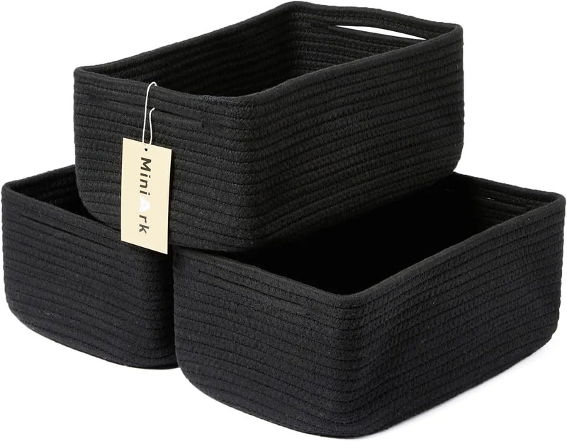 Small Storage Baskets for Organizing | Closet Organizer Bins | Shelf Toy Basket | Woven Rope Baskets | Cube Decorative Box | Shallow Basket | 13x8.5x5.1” | 3 Packs Black by GreenHaven Gardens