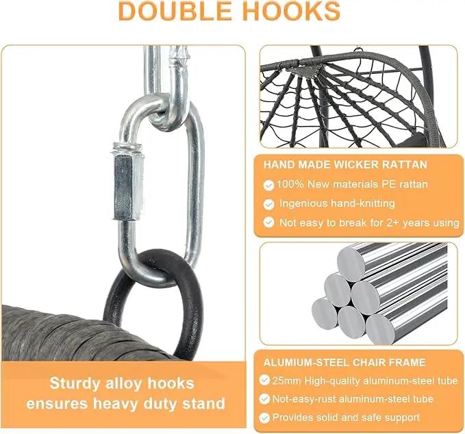 2 Person Double Egg Swing Chair with Stand Indoor Outdoor, Hammock Egg Chair Outdoor, Patio Wicker Hanging Egg Chair w/Cushion 700LBS Capacity for Bedroom, Balcony, Garden, Grey by GreenHaven Gardens