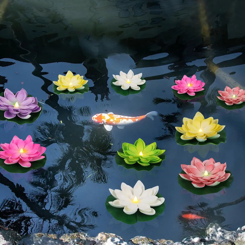 12 PCS Waterproof Floating Lotus Light - Diwali Floating Flower Light Battery Operated Water Activated Warm White Light Pool Flower Lamp Wedding,Anniversary,Garden Decoration(6 Inch, Mix-Color) by GreenHaven Gardens