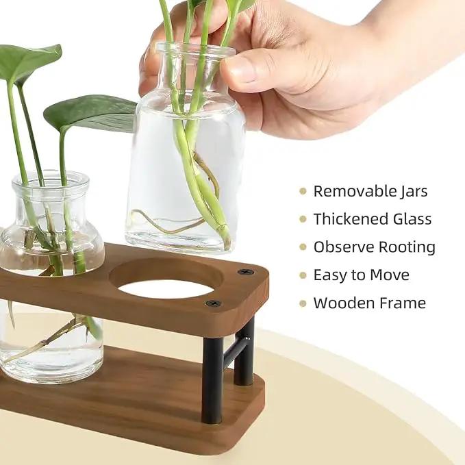 THYGIFTREE Plant Propagation Station with Wooden Stand, Propagation Vases Glass Planters for Indoor Plants Hydroponic Propagating Jars Home Office Decor, Brown by GreenHaven Gardens