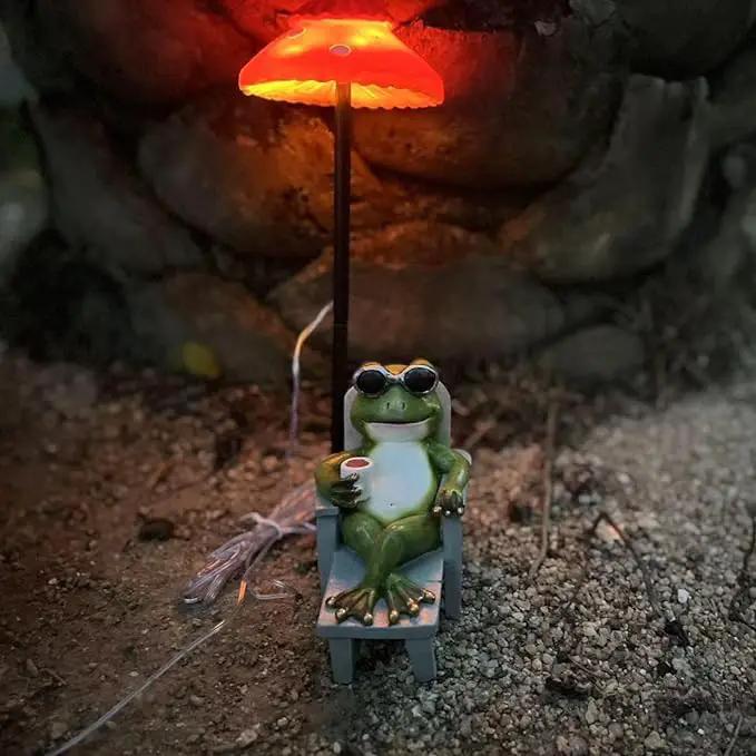 Little Frog Garden Statue with mini Patio Mushroom Solar Lights Outdoor Figurines Halloween Home Decor Fairy Garden Accessories Small Lawn Ornaments 4.5"x4.5"x2.6" by GreenHaven Gardens