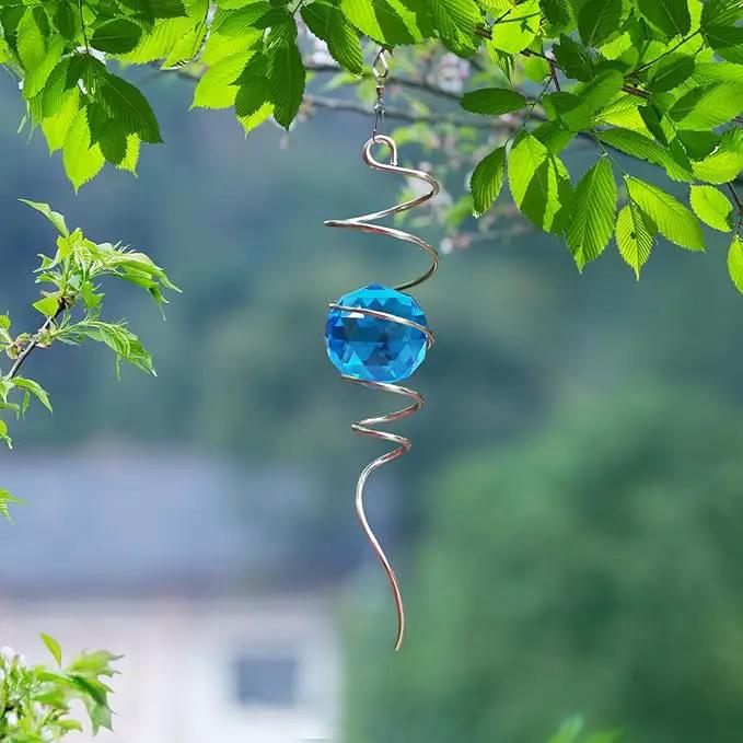 Fonmy Gazing Ball Spiral Tail -Decorative Wind Spinner Sun Catcher Rainbow Maker 11 inch Tail and 2 inch Peacock Blue Crystal Orb. Indoor Outdoor Garden Decoration -13 inch Height by GreenHaven Gardens