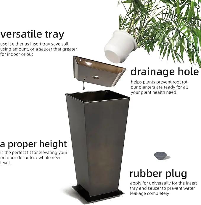 KOL 28''H. Tall Galvanized Steel Glazed Planter with Insert, Set of 2, Planter Pots for Indoor & Outdoor Use, Decorative Flower Plant Pots with Drainage Hole for Front Porch, Patio, Deck - Black by GreenHaven Gardens