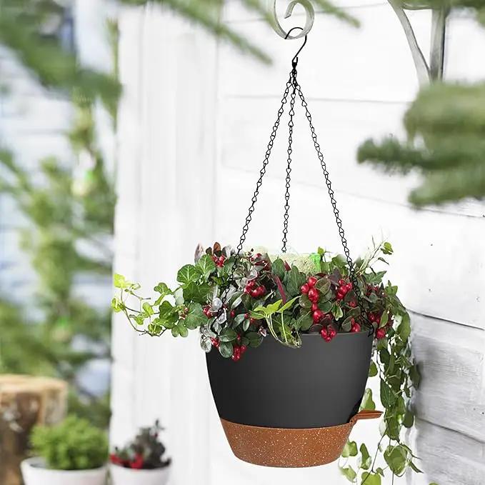 10/9/8 Inch Hanging Planter for Indoor Outdoor Plants, 3 Pack Self-Watering Hanging Pot with Drainage Holes Hanging Planter Baskets Plant Pots with Removable Tray (Black+Brown) by GreenHaven Gardens