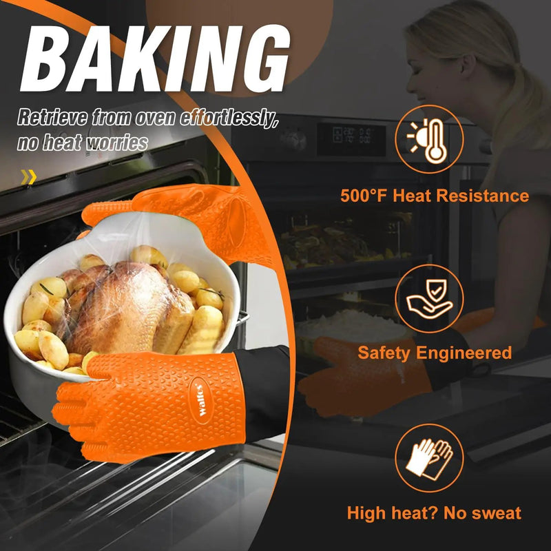 Walfos Silicone BBQ Gloves - Heat Resistant Grilling Gloves, Premium Non-Slip Kitchen Oven Mitt with Protective Cotton Layer Inside, Waterproof, Great for Grilling, Kitchen and Cooking, Orange by GreenHaven Gardens