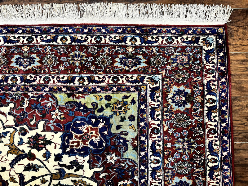 Wonderful Persian Isfahan Rug 7x9, Ivory Navy Blue Red, Floral Medallion, Very Finely Hand Knotted 260 KPSI, Handmade Wool Vintage Rug by Jewel Rugs