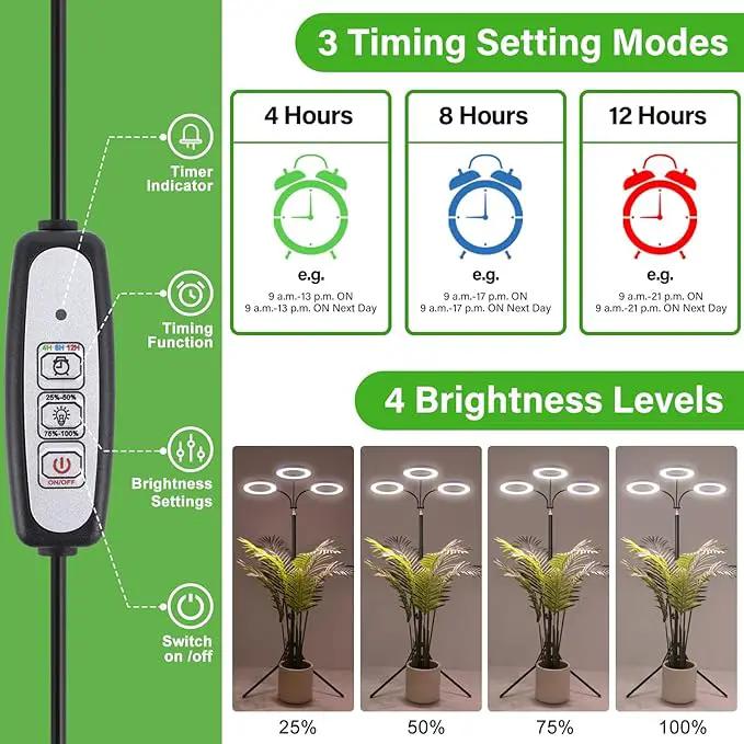 LORDEM Grow Light for Indoor Plants, Tri-Head Plant Light for Plants Growing, Full Spectrum Growth Lamp with Auto Timer for 4/8/12H, 4 Dimmable Levels, 216 LEDs, Height Adjustable Stand 24.4"- 67" by GreenHaven Gardens