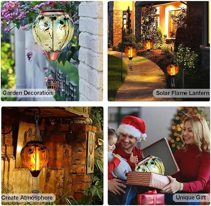 2PC Hot Air Balloon Solar Lantern with 2PC Shepherd Hook, Flickering Flame Hanging Solar Lanterns Outdoor Lights Waterproof Lanterns Decorative Garden Patio Yard Party Decor (Bees) by GreenHaven Gardens