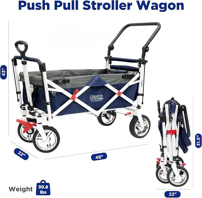 Creative Outdoor Wagon for Kids Push Pull Collapsible Stroller Folding Cart | Silver Series | Beach Park Garden & Tailgate | Navy Blue by GreenHaven Gardens