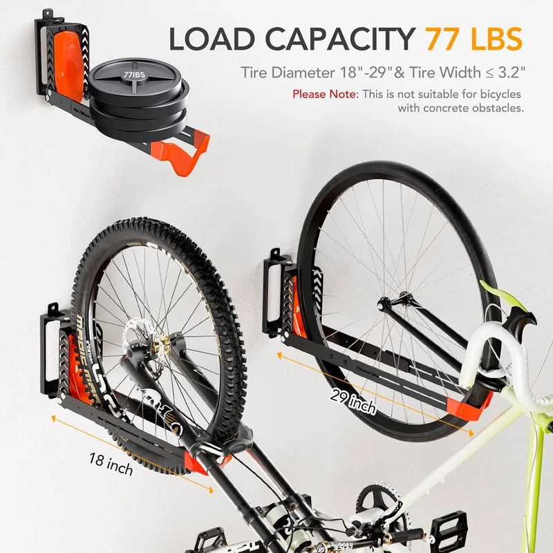 2-Pack Swivel Bike Rack Wall Mount, Bike Hangers for Garage, Space-Saving Vertical Bike Holder, Holds up to 77 lbs, Bicycle Wall Hanger Storage, No Heavy Lifting Required Indoor Hanging Bike Rack by GreenHaven Gardens