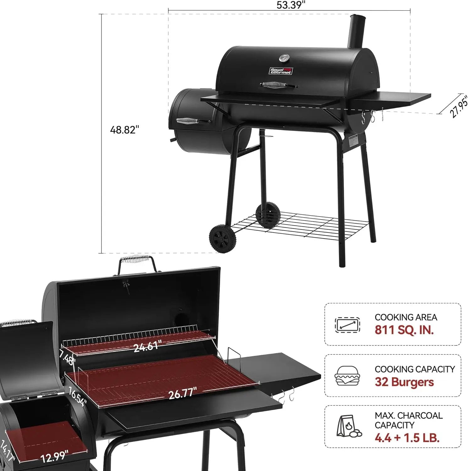 Royal Gourmet CC1830SC Charcoal Grill Offset Smoker with Cover, 811 Square Inches, Black, Outdoor Camping by GreenHaven Gardens