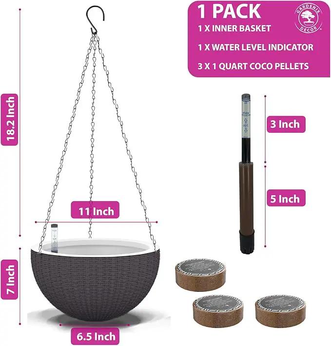 GARDENIX DECOR 11'' Self Watering Hanging planters for Indoor Plants - Flower Pot with Water Level Indicator for Plants, Hanging pots - Self Watering Planter Plant Pot-Coco Coir - Round 1 Pack - Gray by GreenHaven Gardens