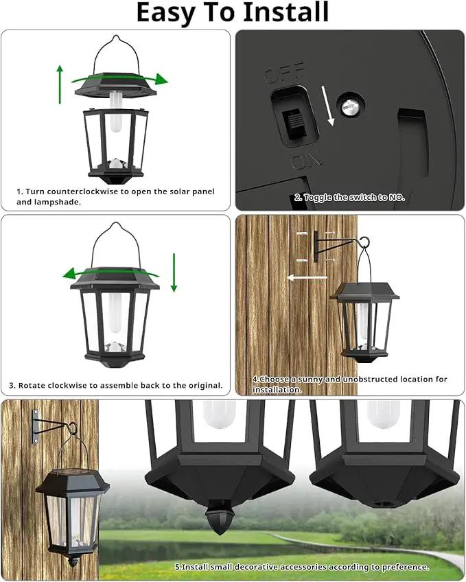 Solar Lanterns Outdoor Waterproof, Hanging Solar Lights with Glass Shade - 2 Pack LED Metal Wall Mount Outdoor Light for Yard/Garden/Patio - Flame by GreenHaven Gardens