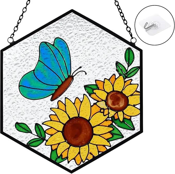 Butterfly Sunflower Stained Glass Suncatchers Windows Hanging Decorative,Hand Paint Sun Sunflower Catchers Indoor Ornaments with Stick Hook,Memorial Gifts for Mom/Women by GreenHaven Gardens
