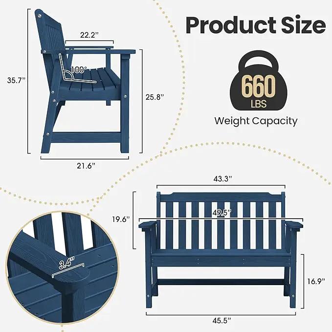 Ciokea 46" Heavy Duty Outdoor Bench, HDPE Weatherproof Garden Benches, Durable 2-Person Porch Benches with 660 Lbs, Waterproof Patio Bench for Outside Balcony Deck Backyard, Navy Blue by GreenHaven Gardens