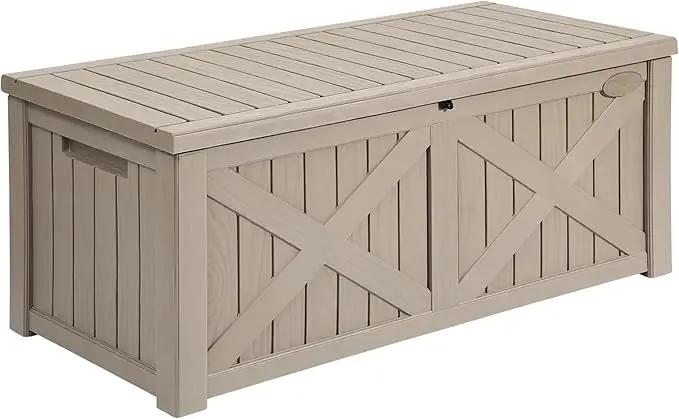 YITAHOME 120 Gallon Large Deck Box, Upgraded Resin Outdoor Storage Boxes w/Flexible Divider, Waterproof Cushion Storage Bench for Patio Furniture, Pool Supplies, Garden Tools - Lockable, Taupe by GreenHaven Gardens