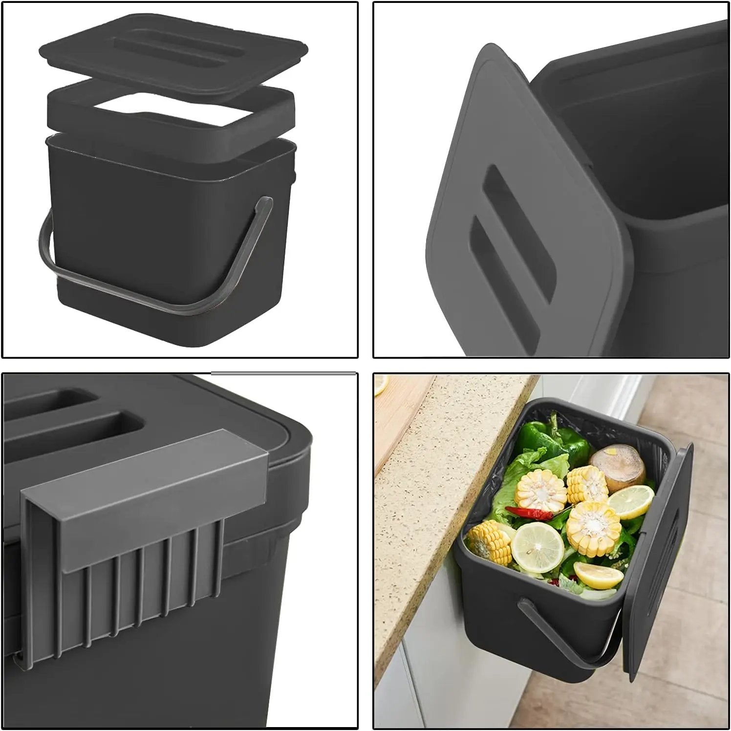 Kitchen Trash Can with Lid, LALASTAR Wall-Mounted Under Sink Small Garbage Can for Kitchen, Bathroom, Compost Bin Countertop, Cabinet Trash Can Hanging, 1.8 Gallon, (Black, 7L) by GreenHaven Gardens
