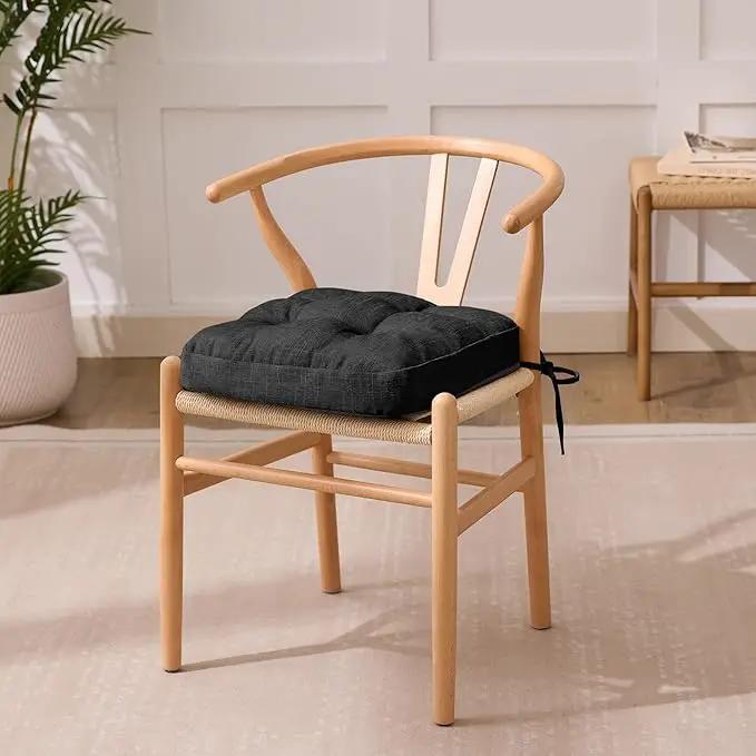 Chair Cushions for Dining Chairs, Dining Chair Cushions, Tufted Indoor Chair Pads with Ties & Non Slip Backing, Seat Cushions for Kitchen Chairs 16.5” x 16.5” x 3.5”, Set of 6, Black by GreenHaven Gardens