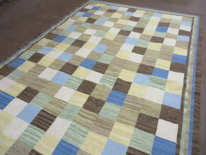 5' X 8' Hand-knotted Kilim Dhurrie Wool Cotton Rug Flat Weave Carpet Checkered Pattern Colorful Multicolor by Jewel Rugs