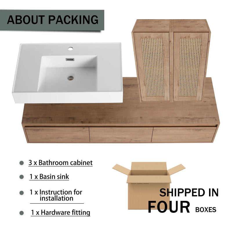 Modern Wall Mounted Bathroom Vanity With Resin Sink And 2 Side Cabinet, Imitative, Construction - Imitative Oak by Unique Piece Furniture