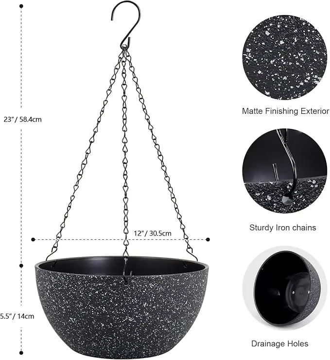 12 inch Large Hanging Planters for Indoor Outdoor Plants, 2 Pack Hanging Flower Pots with Drainage Holes and Chain for Garden Porch, Plastic Hanging Baskets for House Plants, Speckled Black by GreenHaven Gardens
