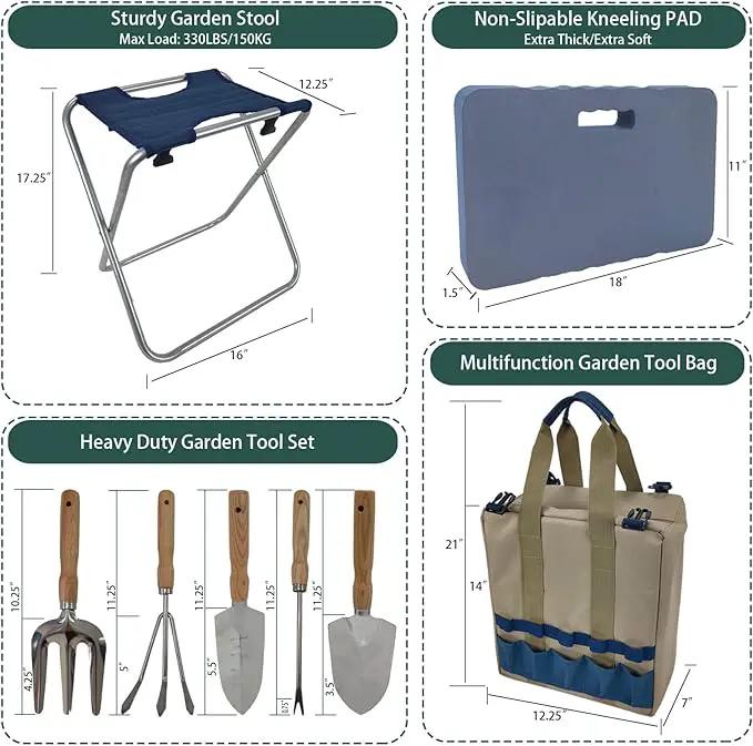 Garden Folding Gardener Stool with Gardening Tools Insulation Garden Bags Plus 5 Garden Tools and Gardening Kneeler Ideal Gift for Mother's Day/Father's Day (Navy Blue) by GreenHaven Gardens