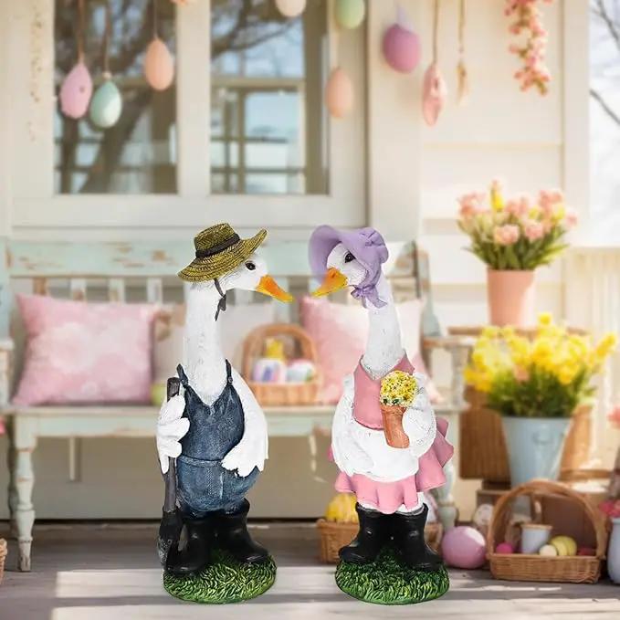 Porch Goose Statue with Outfits Large Garden Sculpture Home Outdoor Decorations Lawn Resin Big Duck Figurine Outside Yard Geese Decor Life Size Farmhouse Duckling Couple Dress Up by GreenHaven Gardens