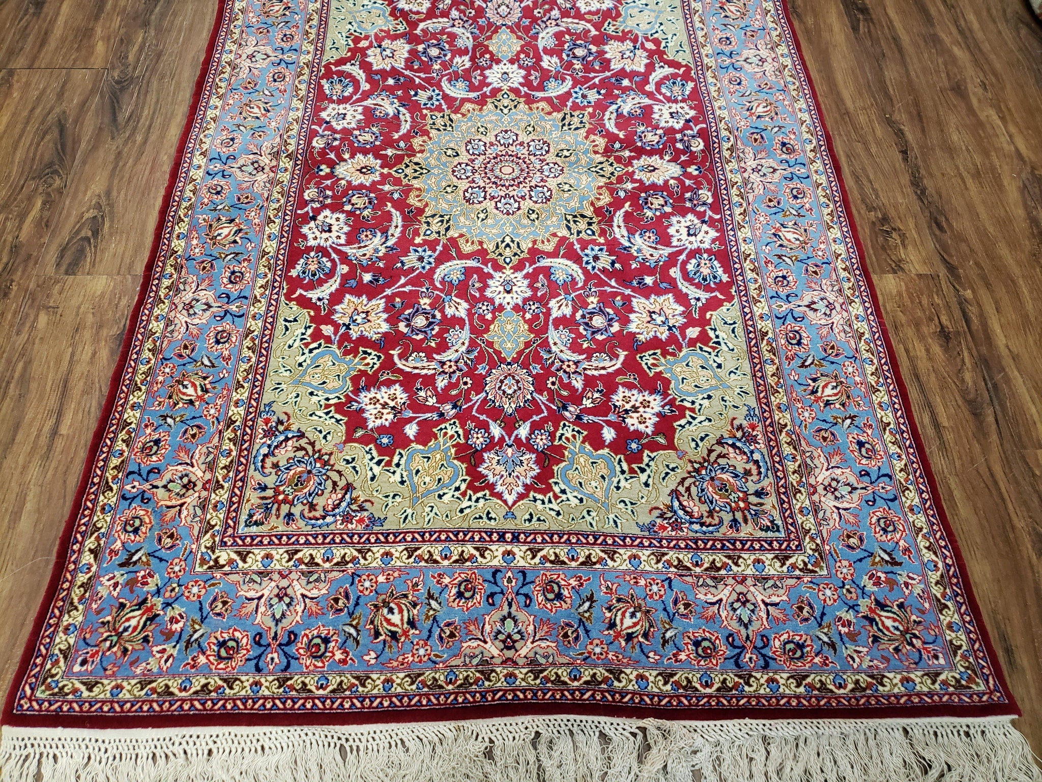 Semi Antique Persian Isfahan Rug, Kork Wool on Silk Foundation, Red & Blue, Top Quality, 3'6" x 5' 6" by Jewel Rugs