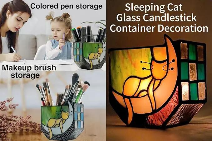 Tiffany Stained Glass Fun Moon Sleeping Cat Planter，Orange Sleeping Cat Cactus Planter，Cute Planters for Indoor Plants,Decorative Flower Pots As Gifts for Cat Lovers，4.6x3x5.15 in