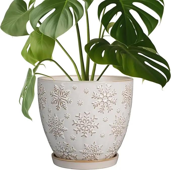 Ceramic Planter 8 Inch Plant Pot with Drainage Hole and Saucer Ceramic Pots for Indoor Plants Outdoor Large Flower Pot for Home Decor White by GreenHaven Gardens