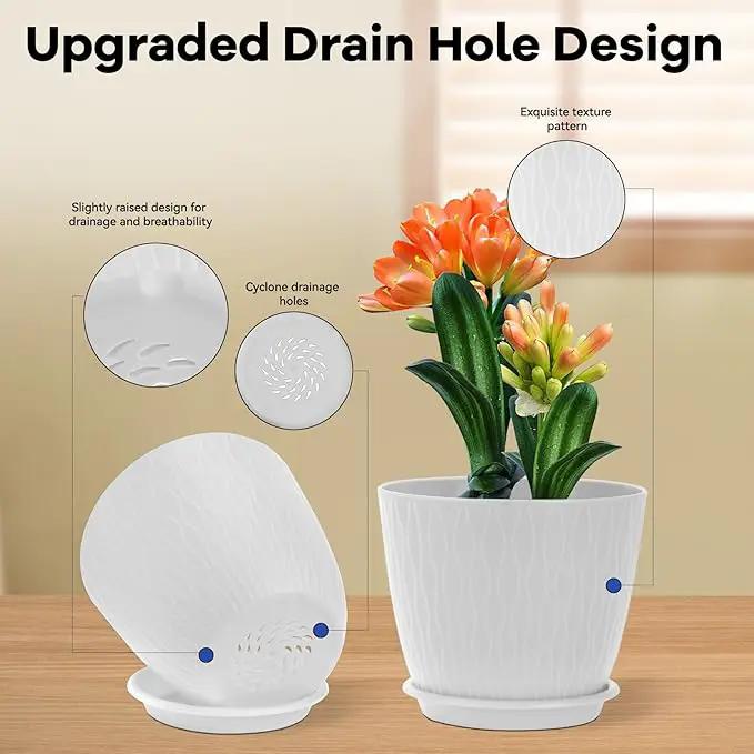 Plant Pots – 6 Inch Planters with Drainage Holes and Saucers, Flower Pots for Indoor and Outdoor Plants, Nursery Planting Pots (Pack of 5, White) by GreenHaven Gardens