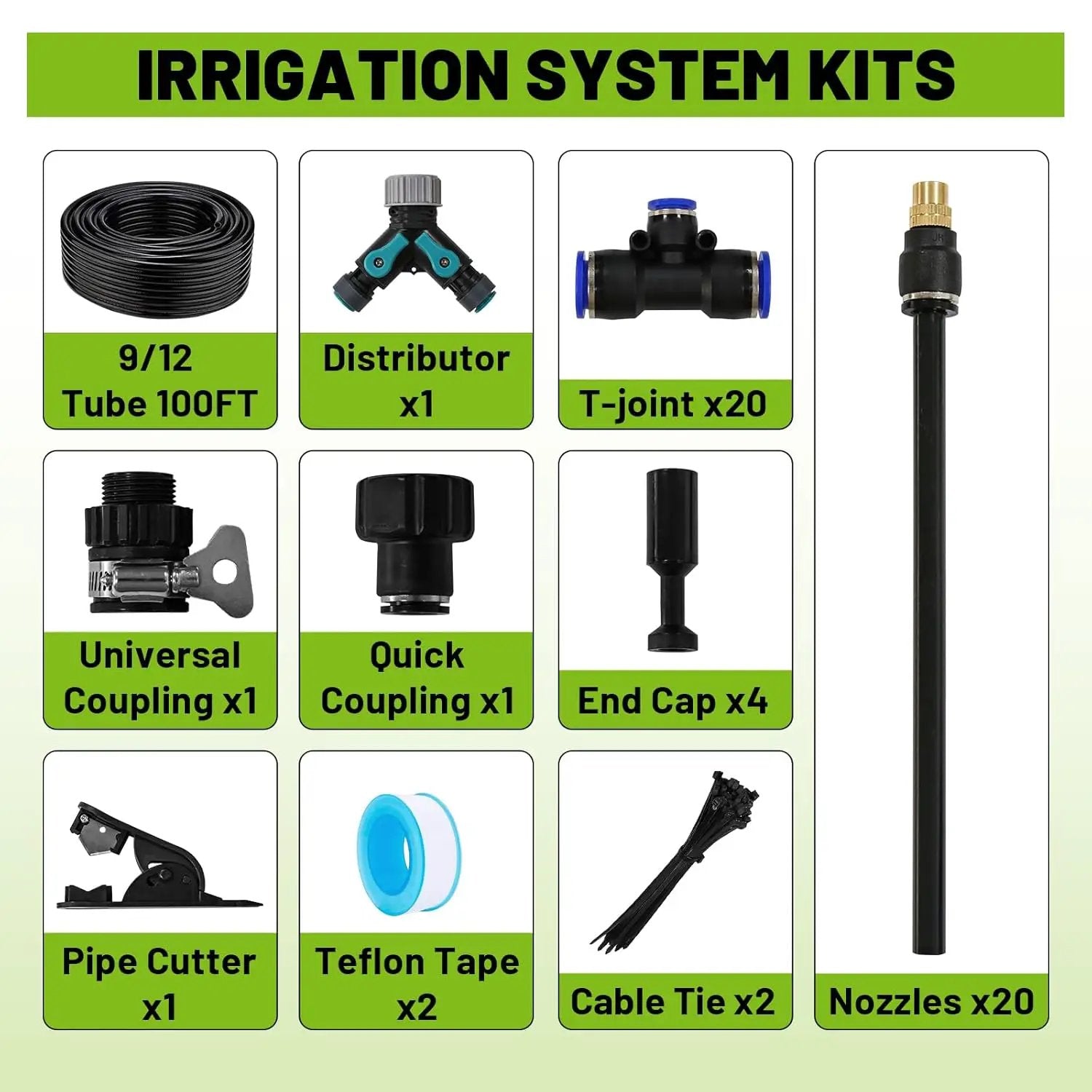 Drip Irrigation Kit - 100 FT. Hose Sprinkler System with 360° nozzles and T-connectors for Gardens, lawns, Plants, Flower beds, Trees, patios and hydroponics (Closeable nozzle-20) by GreenHaven Gardens