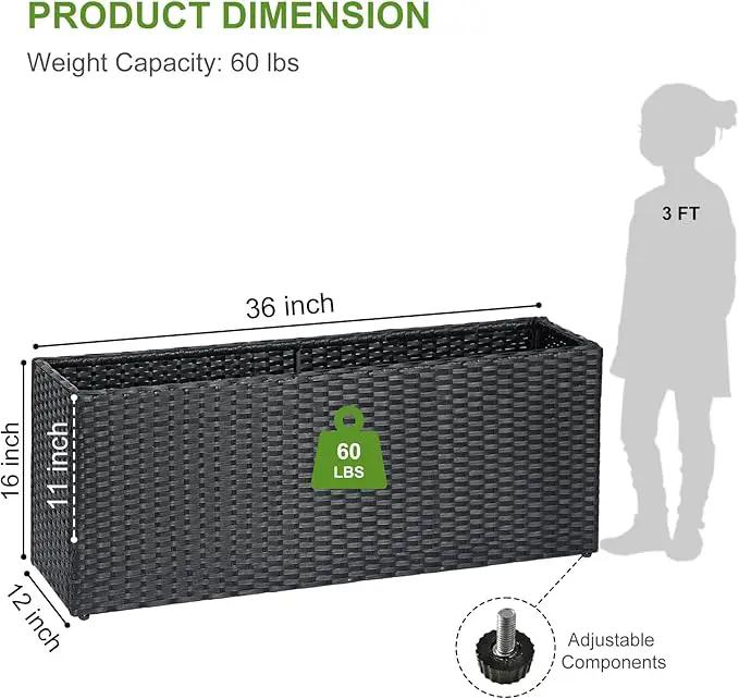LEWIS&WAYNE Large Rectangular Block Planter Box Handmade Wicker Tall Planters for Outdoor Plants with Removable Liners Modern Planter for Indoor Outdoor Patio Deck - Black, 36''x12''x16'' by GreenHaven Gardens