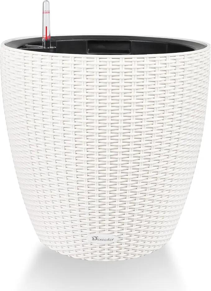 Dexceder 15x14 Rattan Self Watering Planter with Wheels Indoor Outdoor, Inner Pot Design, Thickened Large Floor Standing Flower Plant Pot with Water Level Indicator (Ivory White) by GreenHaven Gardens