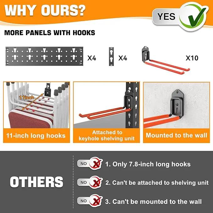 TORACK Garden Tool Organizer Wall Mount, Garage Folding Chair Storage Rack, Tools Rack for Shovels, Rakes, Broom, Ladders, Hooks for Keyhole Style Shelving Unit by GreenHaven Gardens