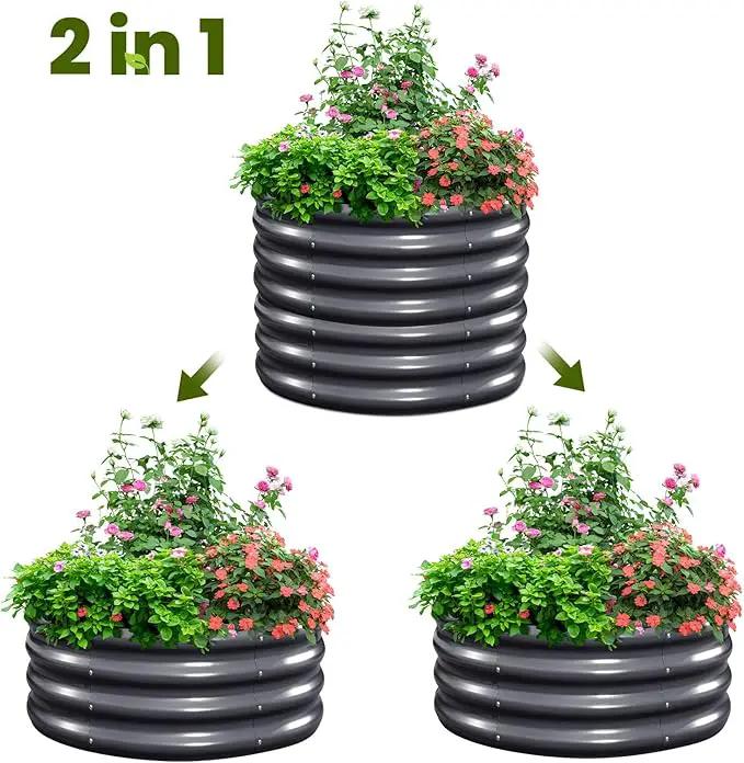 KING BIRD Raised Garden Bed Galvanized Round Planter Box Outdoor for Gardening, Plants, Vegetables, Flowers, Dark Grey, 24x24x12 in 2 Packs by GreenHaven Gardens