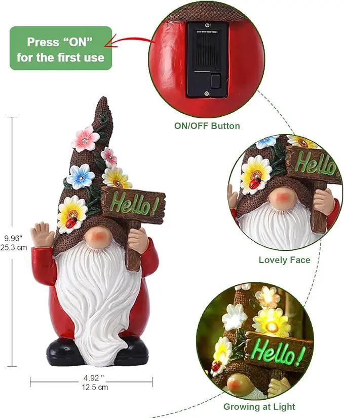 Solar Gnome Garden Statue for Decor: Outdoor Figurines Sculpture with Lights and Hello Sign for Lawn Patio Yard Balcony - for Mother Women by GreenHaven Gardens