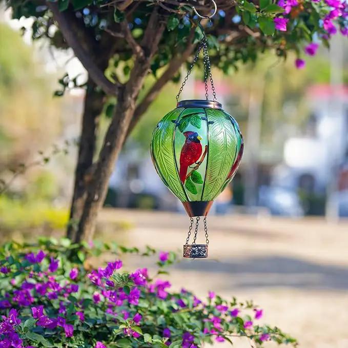 Large Hot Air Balloon Cardinal Solar Lantern Lights with Flame, Green Glass Balloon Lantern Waterproof Outdoor Decor for Garden Yard Patio, Birthday Mother's Day Gifts for Moms Women by GreenHaven Gardens