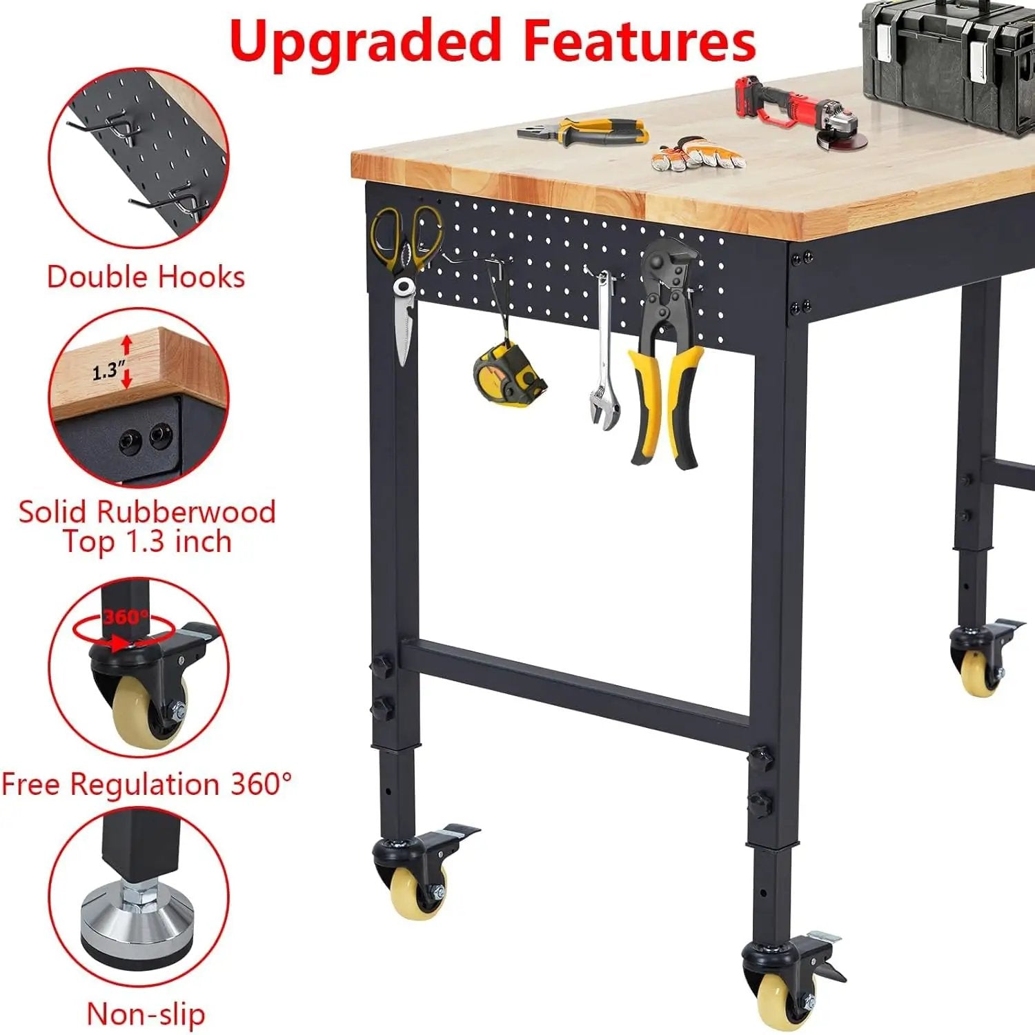 72'' Adjustable Workbench, Heavy Duty Workbench with Power Outlet and Lockable Wheels, 2000 LBS Capacity, Work Table Suitable for Office, Garage, Workshop by GreenHaven Gardens