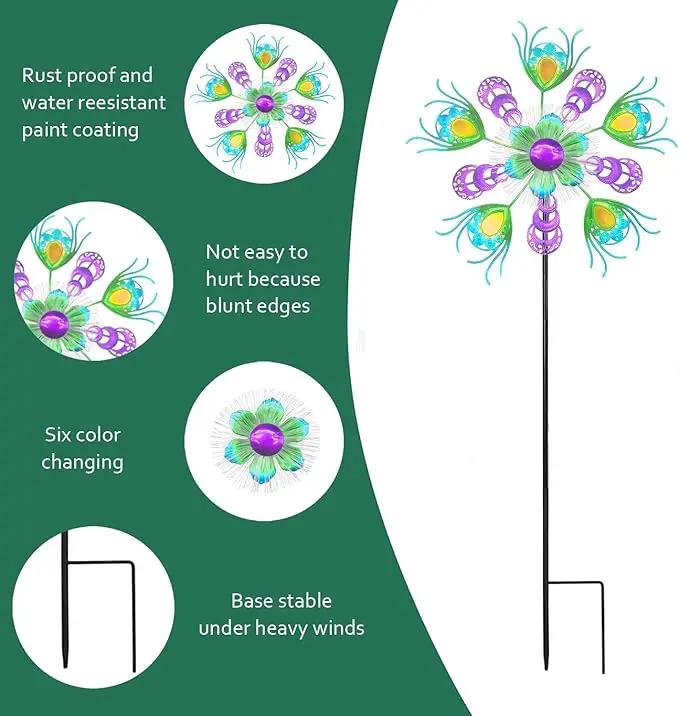 Solar Peacock Wind Spinners for Yard and Garden, 40 Inch Solar Windmill Garden Whirligig Kinetic Spinners Decor for Lawn,Patio&Yard, Metal Whirligigs Green Wind Spinners Outdoor by GreenHaven Gardens