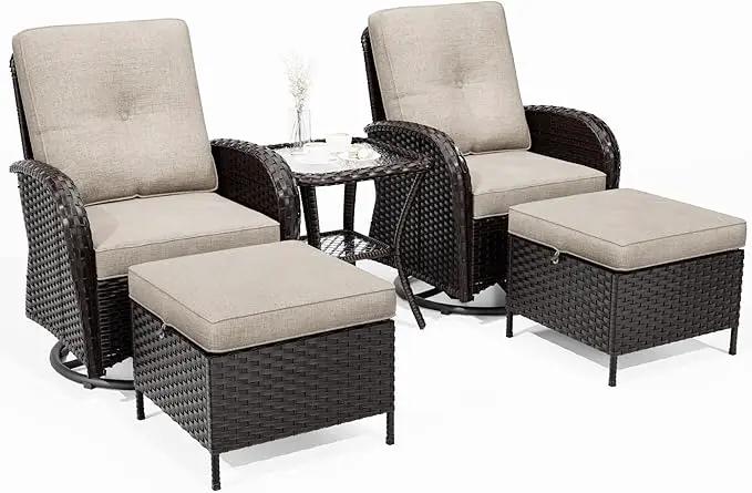 Joyside 5 Piece Patio Furniture Set, Outdoor Swivel Chair Sets with Thick Cushion and Ottoman, Wicker Patio Conversation Set for Porch, Deck Use (Brown/Beige, 5 PCS) by GreenHaven Gardens