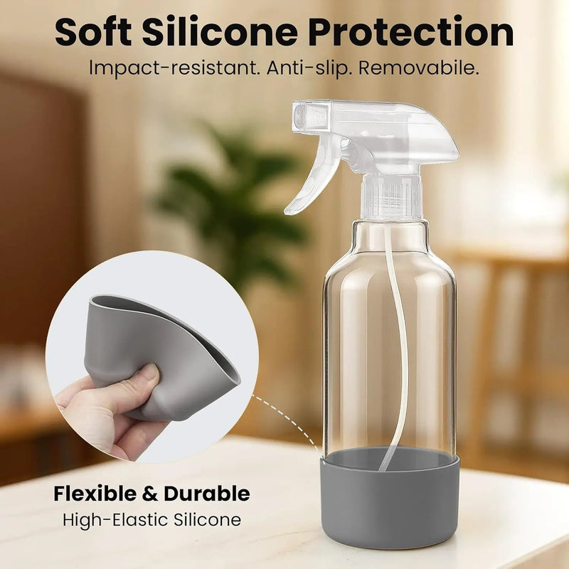Glass Spray Bottles with Silicone Sleeve 16.9oz 2 Pack Empty Spray Bottle for Hair Mist/Stream Spraying for Cleaning Solutions, Plants, Essential Oils (clear-qblue&grey) by GreenHaven Gardens