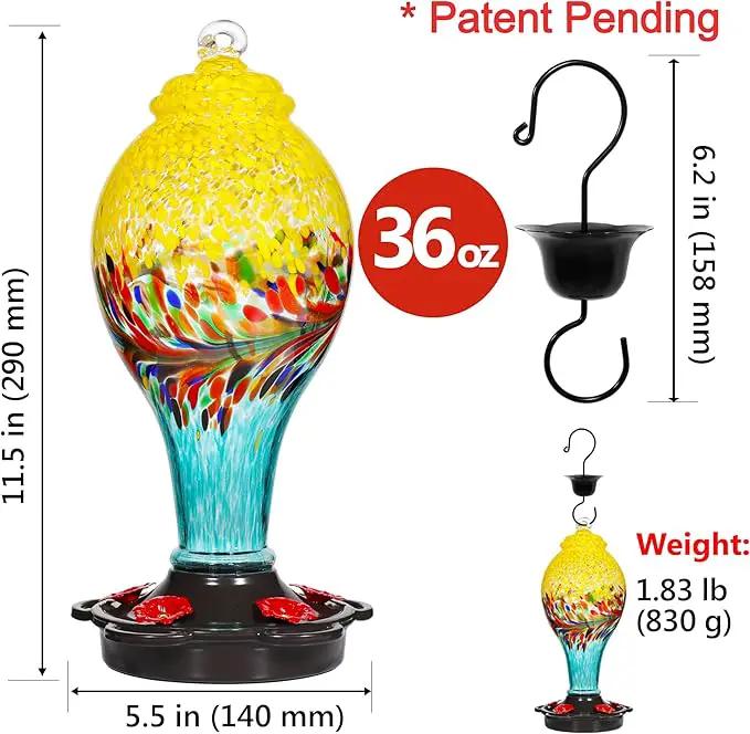LUJII Hand Blown Glass Hummingbird Feeder for Outdoors with Ant Moat, Leak Proof & Rustproof,36 fl.oz, Metal Base Cover with 5 Feeding Ports & 5 Perches, Glass Art for Garden Decor (Blue Mixed Yellow) by GreenHaven Gardens